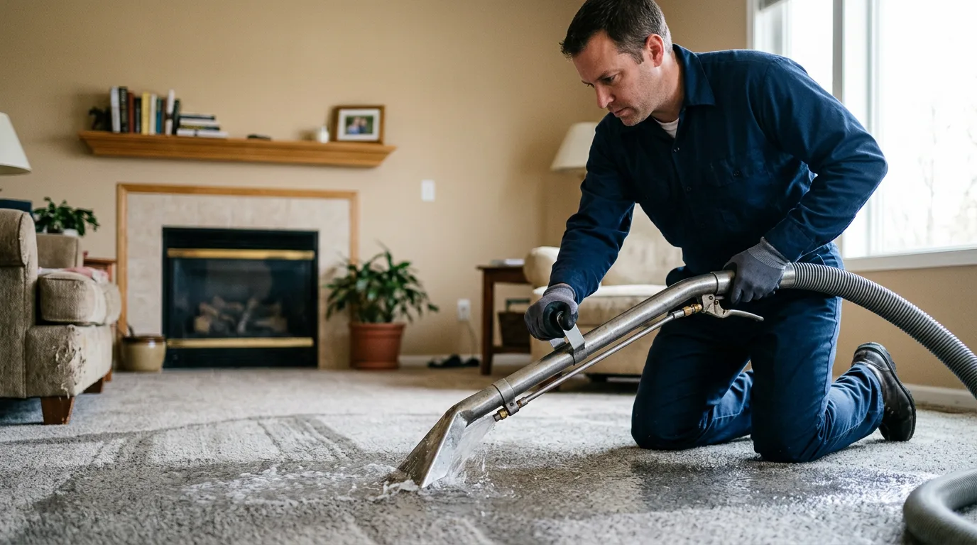 Water damage restoration technician working near Brownfield, ME
